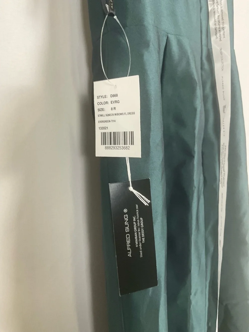ALFRED SUNG Evergreen Satin Maxi Dress with Shoulder Bows - Picture 4 of 5